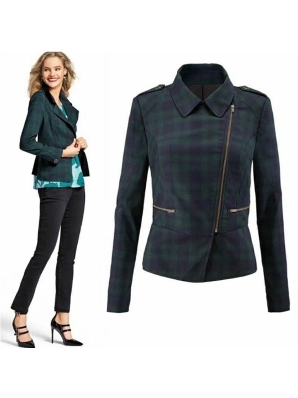 Cabi Tartan Plaid Asymmetrical Zip Jacket Sz 8 navy blue green